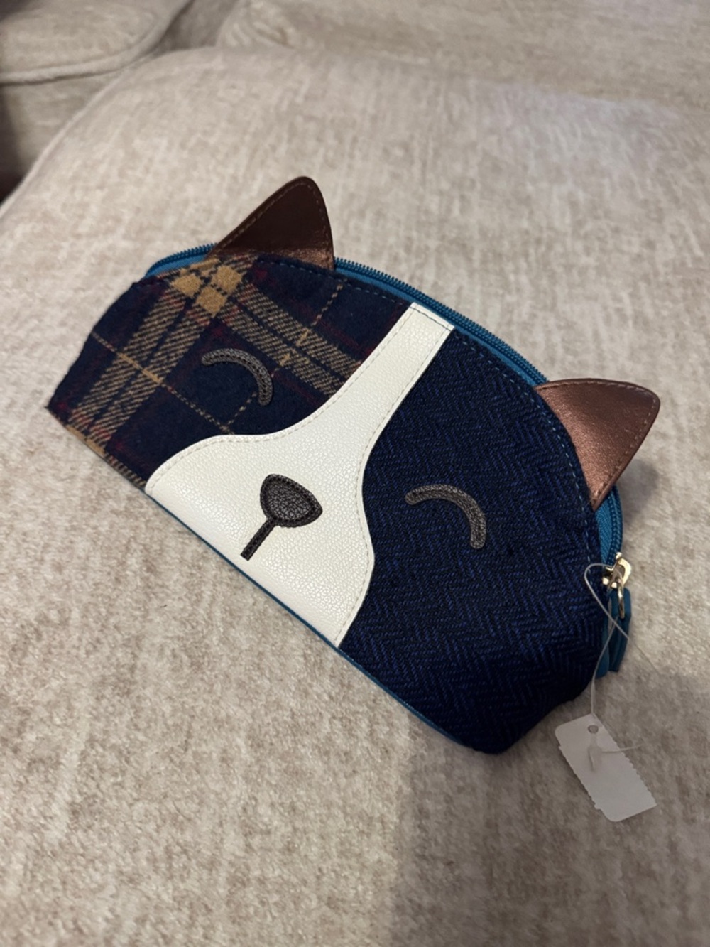 Cute dog Face Zip Pouch in plaid Navy, White & Brown